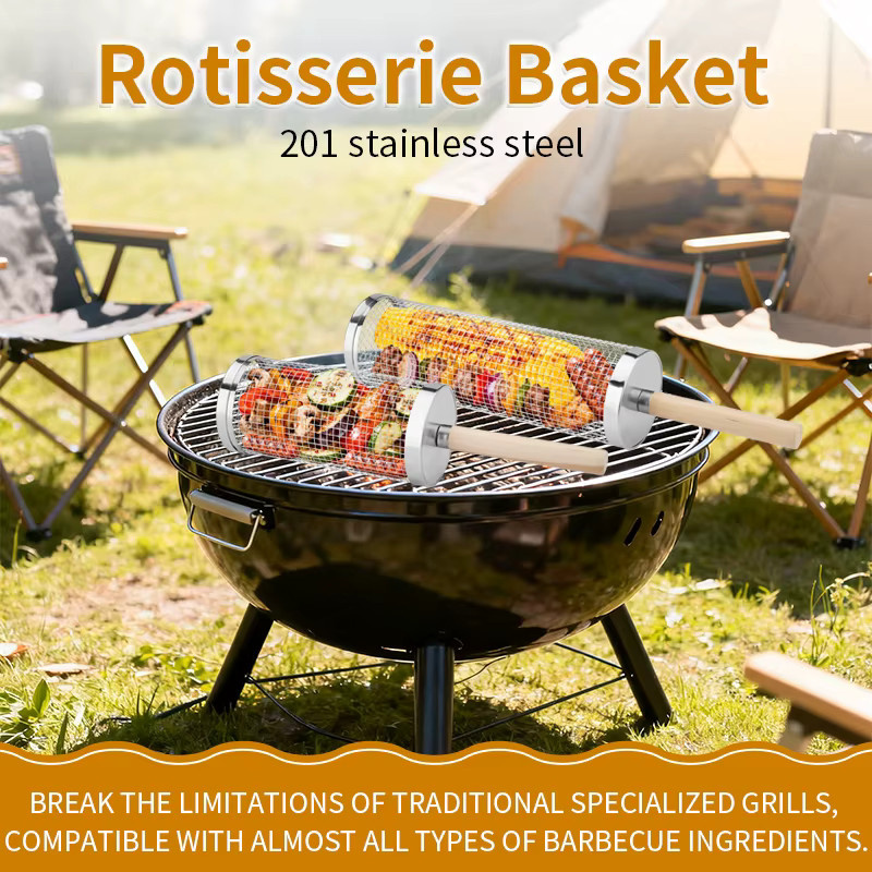 Rollbare Grillkörbe für den Outdoor-Grill mit abnehmbarem Holzgriff in Silber - Bild 2