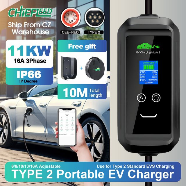 Chiefleed Tragbares EV-Ladegerät Typ 2 mit Tuya App-Steuerung, 11KW, 3P, 380-450V, Schwarz, 10m Kabellänge - Bild 1