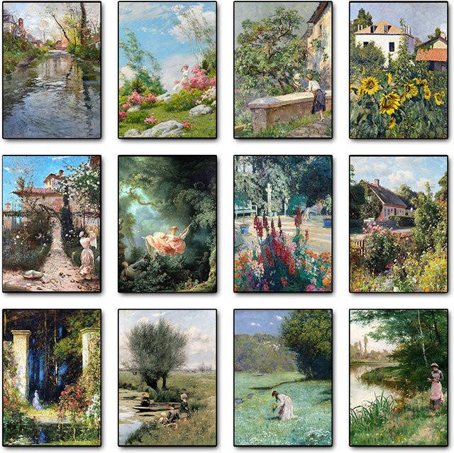 Potdemiel Vintage Landschafts-Poster als Leinwandgemälde mit Fluss, Garten und Wald in Mehrfarbig - Bild 1