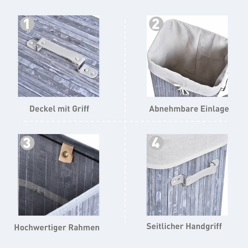 HOMCOM Wäschekorb aus Bambus und Stoff in Grau mit 2 Tragegriffen, B/H/L: 30 x 60 x 40 cm - Bild 5