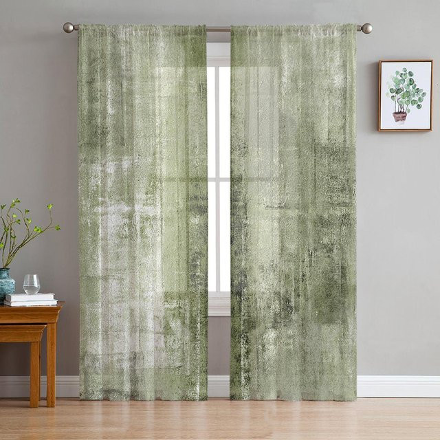 Transparenter Tüll-Vorhang mit abstraktem Ölgemälde-Design in Grasgrün, Organza-Fensterdekoration für Wohnzimmer und Küche, Breite: 135 cm, Höhe: 160 cm - Bild 1