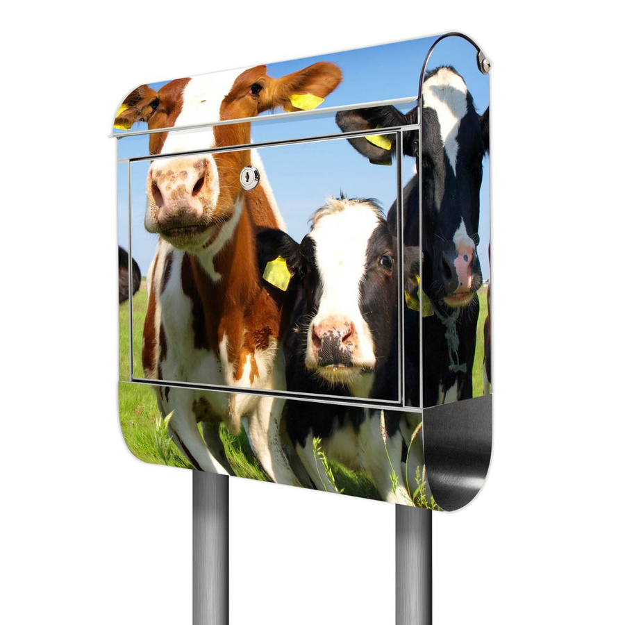 banjado Standbriefkasten aus Edelstahl mit Zeitungsfach und Kuh-Motiv in Silber, B/T/H: 38 x 14 x 161,5 cm - Bild 1