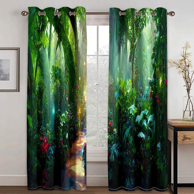 Zweiteiliger Vorhang mit 3D-Naturlandschaft Wald Wolke Meer in Navy Blau, semi-transparent, Breite: 50 cm, Höhe: 130 cm - Bild 1