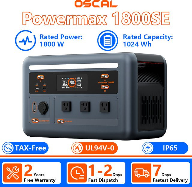OSCAL Powermax 1800SE Tragbare Powerstation in Grau mit 1024Wh Kapazität, LiFePO4-Akku, 1800W Nennleistung und 10 Ausgangsanschlüssen - Bild 1
