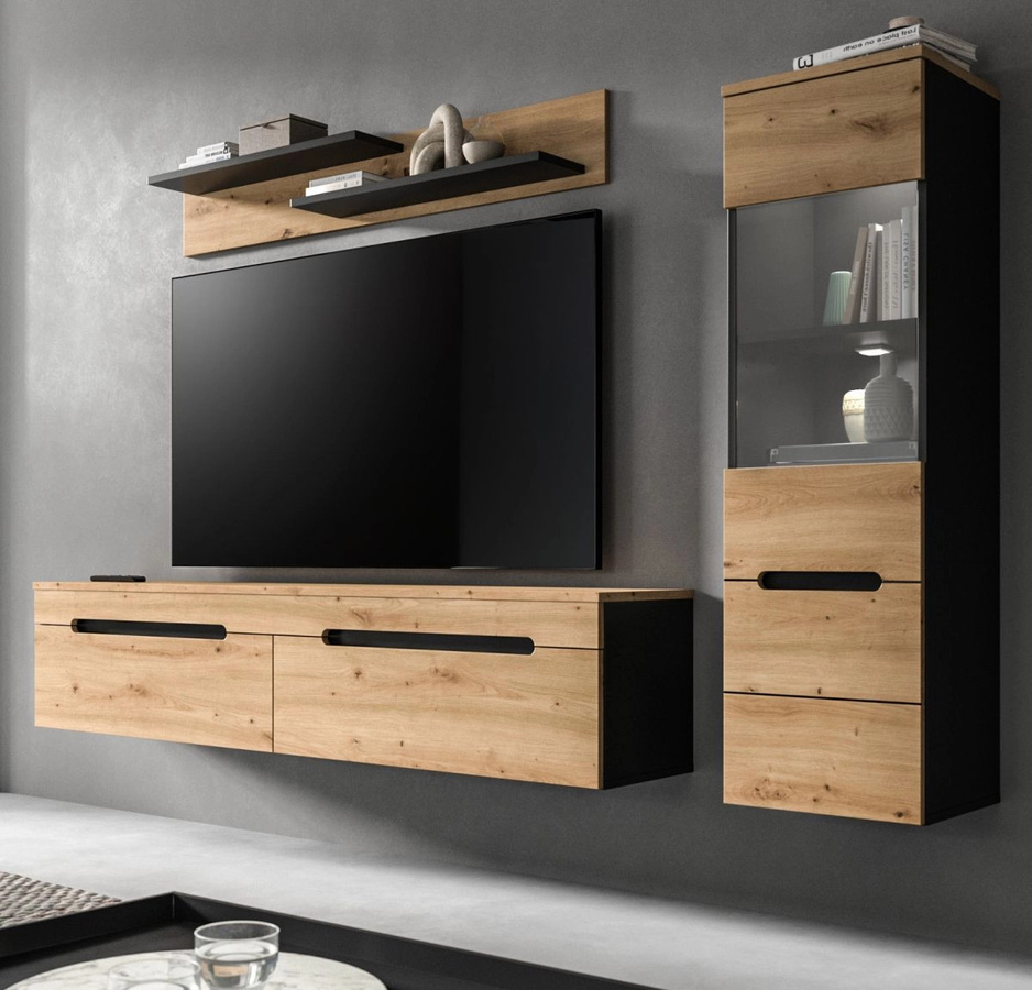 Inn.Furn Wohnwand Cooper modern in Eiche und Grau mit Glasvitrine und Lowboard, Breite: 221 cm - Bild 1