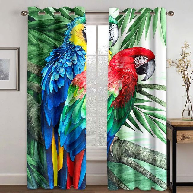 2er-Set Lichtfiltervorhang mit buntem Papagei und tropischem Bananenblatt-Motiv, halbtransparent, mehrfarbig, Höhe: 130 cm, Breite: 50 cm - Bild 1