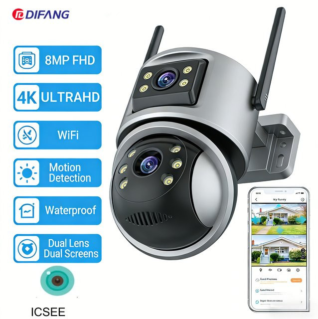 DiFang 8MP HD Dual-Screen WLAN IP-Kamera mit KI-Bewegungsverfolgung, wasserdichte Mini-Dome CCTV Heimsicherheits-Überwachungskamera mit Icsee P2P-Funktion - Bild 1