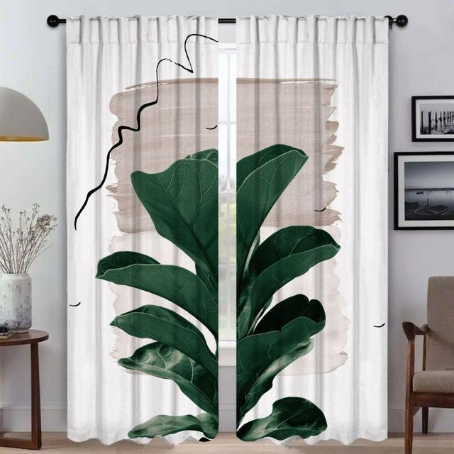 2-teiliges Set moderne Vorhänge mit Eukalyptus-Fächerpalmen-Motiv in Weiß, halbtransparent, Breite: 50 cm, Höhe: 70 cm - Bild 1