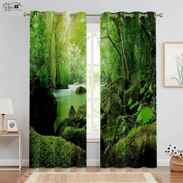Yiran Furniture Vorhänge mit Natur Wald Landschaft Motiv in Grün, 2er-Set, semi-transparent, Breite: 100 cm, Höhe: 240 cm - Bild 1