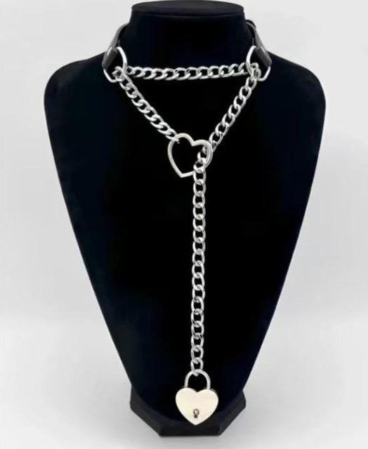 Halskette PU-Leder, Herzschloss Anhänger, Edelstahl, Schwarz, Unisex - Bild 1