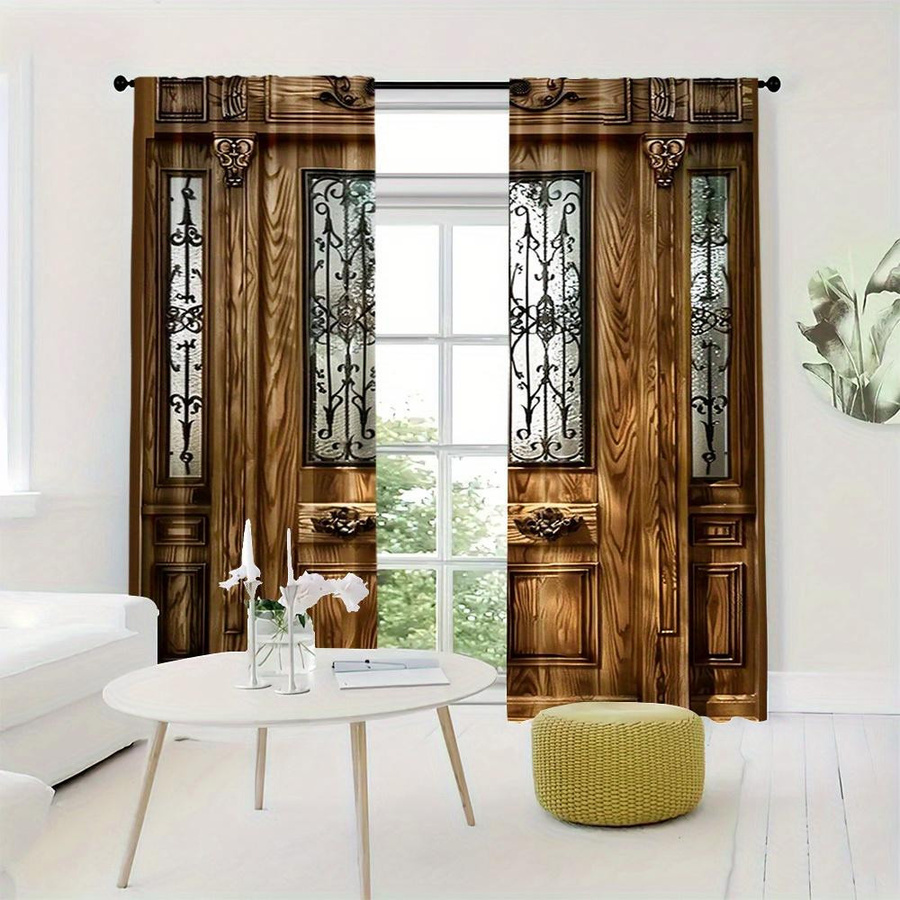 Tonnika Chen Vorhang Set mit Holztür-Aufdruck Design aus Polyester für Wohnzimmer Schlafzimmer und Küche, Breite: 100 cm, Höhe: 130 cm - Bild 2