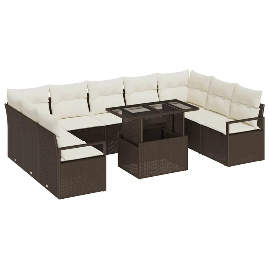 vidaXL Garten-Sofa-Set aus Poly Rattan in Braun, 10-teiliges L-Shape Lounge-Set mit Tisch, Polsterkissen und integriertem Stauraum - Bild 2