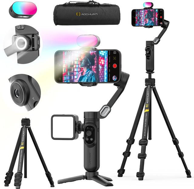 AOCHUAN Smart X Kompletter Combo-Hand-Gimbal-Stabilisator für iPhone und Android Smartphone mit Bodenstehendem Stativ in Schwarz - Bild 1