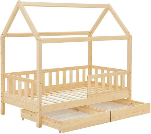 Juskys Kinderbett Marli Hausbett aus Kiefernholz mit Bettkasten und Dach in Natur, B/T/H: 160 x 80 x 154 cm