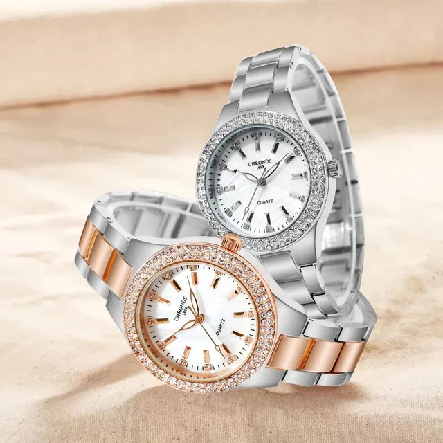 CHRONOS Armbanduhr Damen, Edelstahl, Muschel-Zifferblatt, Zirkonia, Weiß - Bild 1
