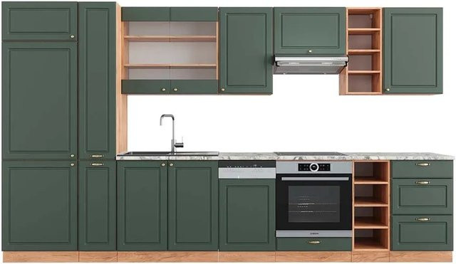 Vicco Fame-Line Küchenzeile Landhausstil in Grün-Gold mit Eiche-Optik und Marmor-Design, Breite: 355 cm - Bild 1