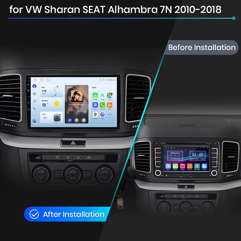 Junsun Wireless CarPlay und Android Auto Autoradio für Volkswagen Sharan und SEAT Alhambra 7N, Multimedia-Player mit GPS, WiFi, Bluetooth und DSP in Schwarz - Bild 2