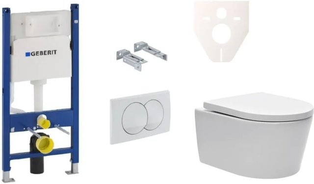 Swiss Aqua Technologies Wand-WC Set mit Geberit Vorwandelement und Betätigungsplatte in Weiß mit Soft-Close-Funktion aus Keramik - Bild 1