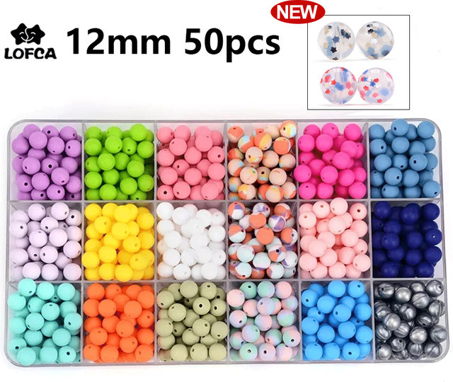 LOFCA Silikonperlen für Baby-Beißringe und Zahnen-Halsketten, 50 Stück, bunt, BPA-frei, Durchmesser: 12 mm - Bild 1