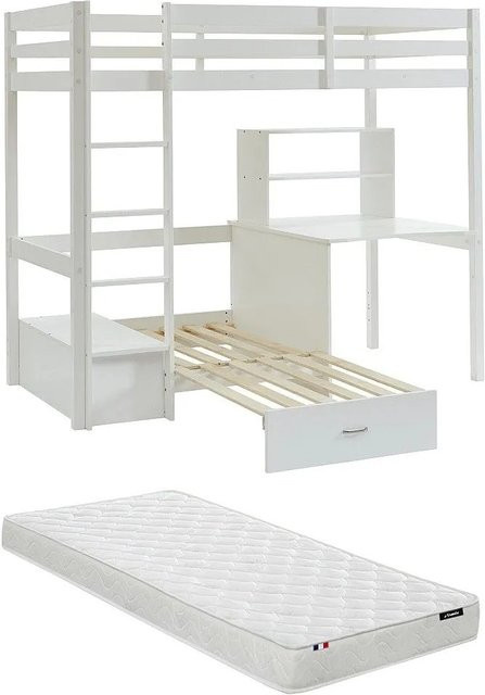 Vente-unique Hochbett Goliath aus massivem Kiefernholz in Weiß, B/T/H: 90 x 200 x 207,8 cm - Bild 1