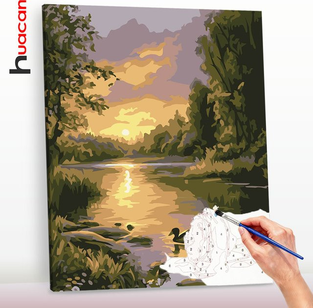 Huacan Malen nach Zahlen, Landschafts-Ölgemälde, Sonnenuntergang, Natur - Bild 1