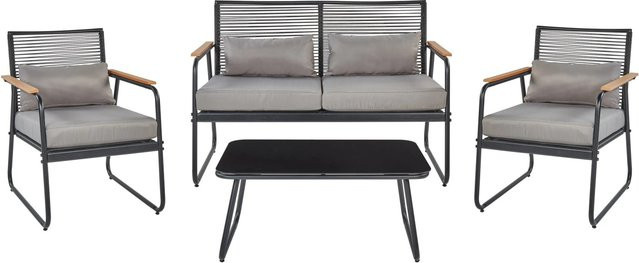 Beliani Lounge Set POMONTE Gartenmöbel Set in Schwarz und Grau mit 2-Sitzer Sofa, Sesseln und Couchtisch aus pulverbeschichtetem Stahl und UV-beständigem Polster - Bild 1