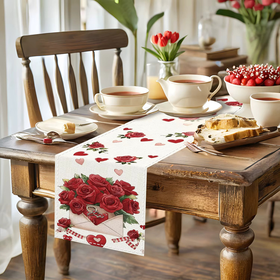 Romantischer Tischläufer mit rotem Rosen-Blumenmuster aus Leinen, rechteckig, Farbe: Rot und Weiß - Bild 4