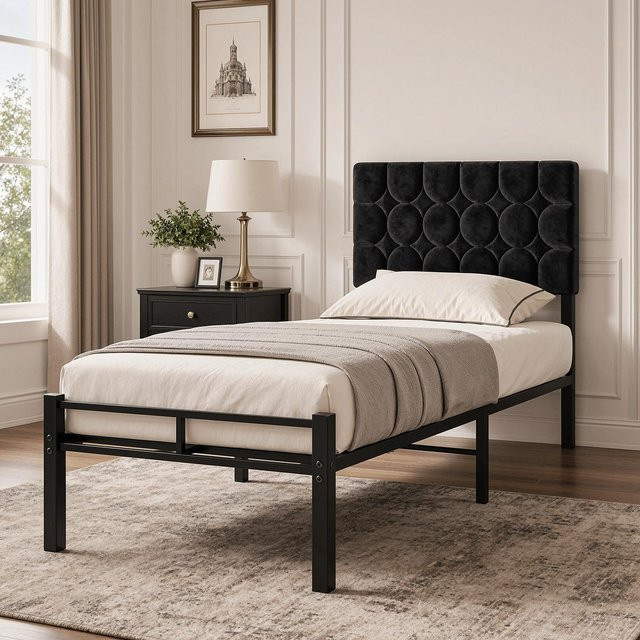 KUTAS Einzelbett aus Metall mit gepolstertem Kopfteil in Grau, Samt, B/T: 90 x 200 cm - Bild 1