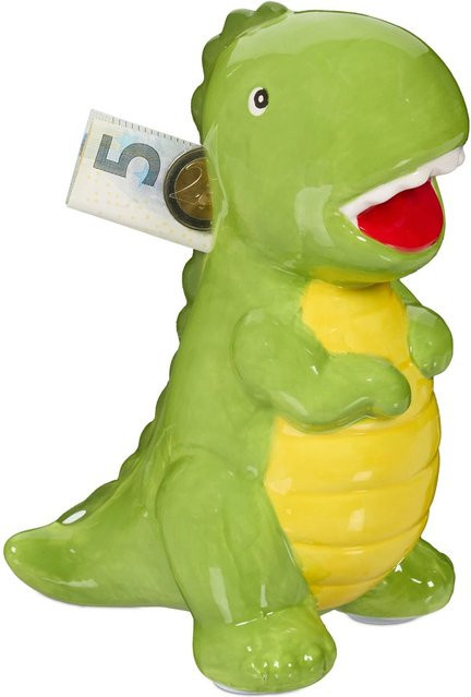Relaxdays Spardose Dinosaurier aus Keramik in Grün, Gelb und Rot, B/T/H: 19 x 10 x 15,5 cm - Bild 1