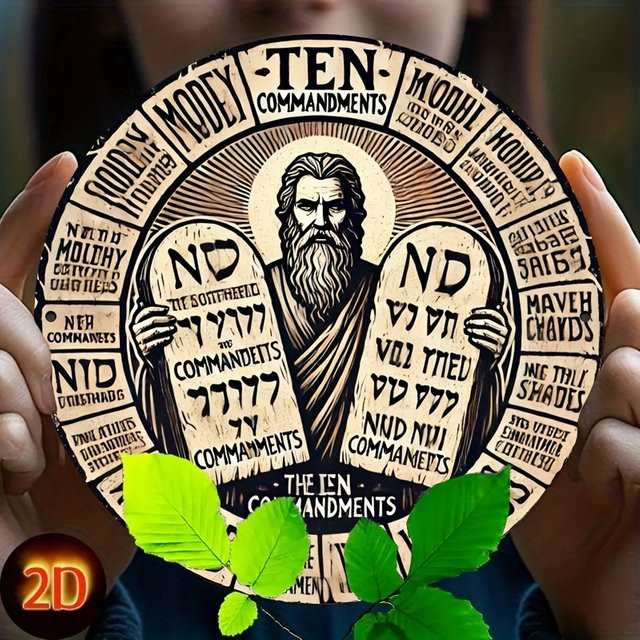 Potdemiel Rundes Metall-Wandbild Vintage Zehn Gebote Moses Stein Bibel Deko Durchmesser: 20 cm - Bild 1