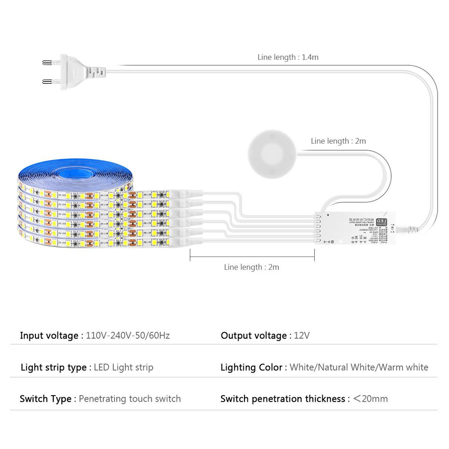 MALITAI LED-Streifenlicht 2835 mit Touch-Schalter und zentralisierter Steuerung, 2m Länge, Farben: Weiß, Warmweiß, Neutralweiß - Bild 3
