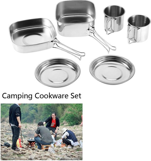 Fishine 6-teiliges Camping-Kochgeschirr-Set aus Edelstahl in Silber mit Pfanne und Topf für Outdoor und Picknick - Bild 1