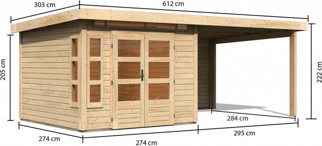 Gartenhaus Holz KASTORF 6 Naturbelassen mit 320 m2 Anbaudach und Rückwand B/T: 274 x 274 m Wandstärke: 28 mm - Bild 1