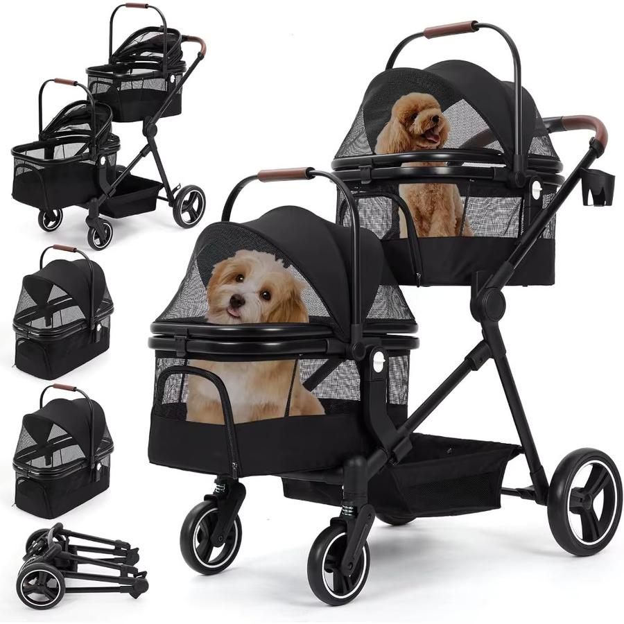 Garvee Doppeldecker-Haustierwagen aus Aluminiumlegierung in Schwarz, faltbarer Reisebuggy für zwei kleine Hunde oder Katzen mit abnehmbarem atmungsaktivem Netzträger - Bild 2