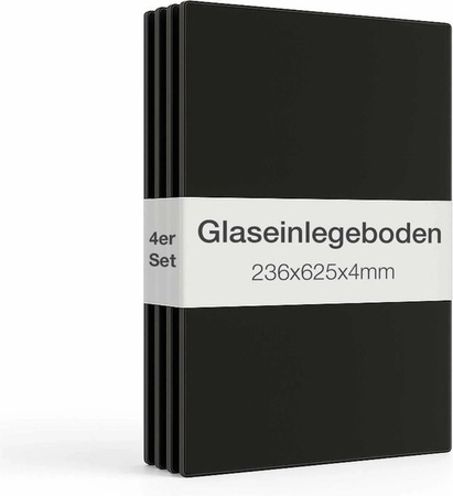 K-Möbel Glasboden-Erweiterungsset für 2-türige Standvitrine, 4er Set aus ESG-Glas in Schwarz, Breite: 62,7 cm, Tiefe: 23,7 cm