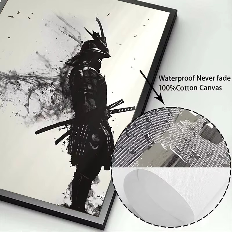 Potdemiel Leinwandgemälde Japanischer schwarzer Samurai mit Krähe, Schwarz-Weiß Wandkunst als Poster für dein Wohnzimmer - Bild 4