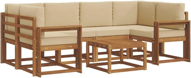 vidaXL Outdoor-Sofagarnitur 7-teilig aus Akazienholz in Natur mit beigen Kissen im L-Shape Design - Bild 1
