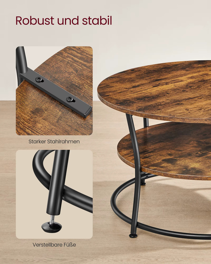 VASAGLE Couchtisch rund im Industrie-Design mit Ablage, Metall, Schwarz-Braun, Durchmesser: 80 cm, Höhe: 46,5 cm - Bild 2