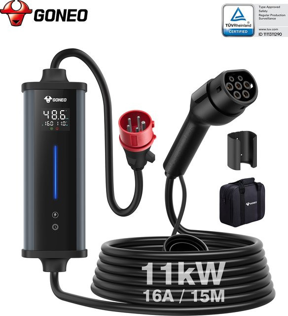 GONEO CEE Tragbare Mobile Wallbox mit Industrie-Stecker, 11kW Typ 2 EV-Ladegerät, 16A 3-Phasen, FI-Schutz, IP66 - Bild 1