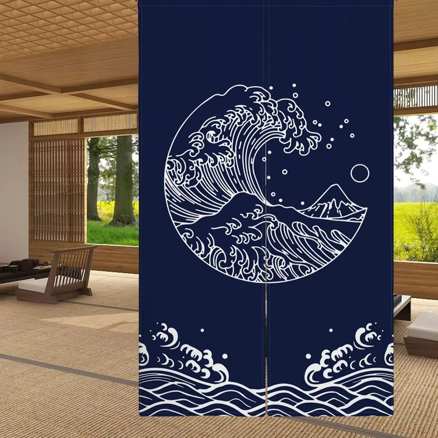 VIKAMA Türvorhang aus japanischem Leinen mit Mount Fuji Wellenmuster in Blau, B/H: 90 x 65 cm - Bild 1