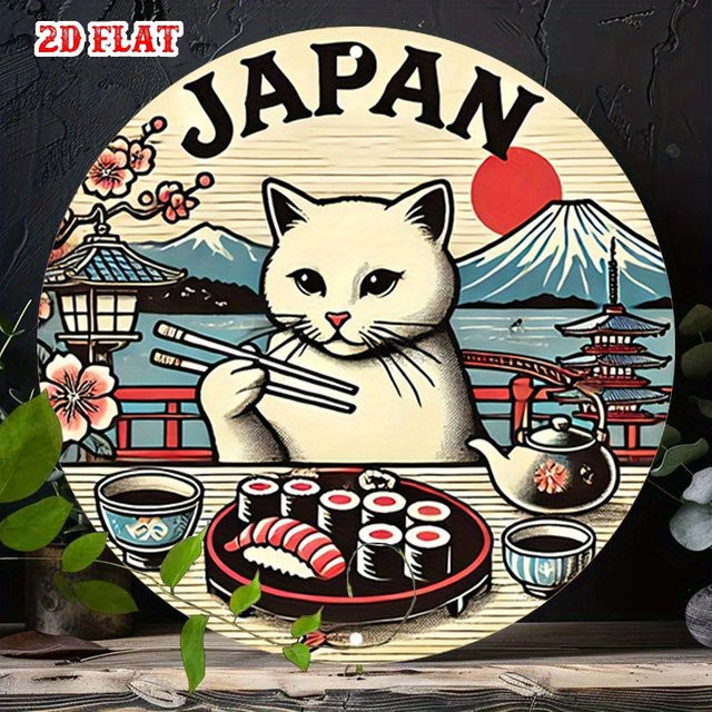 Potdemiel Rundes Aluminiumschild Japan Szene mit Katze und roter Sonne, Durchmesser: 20 cm, Mehrfarbig - Bild 1