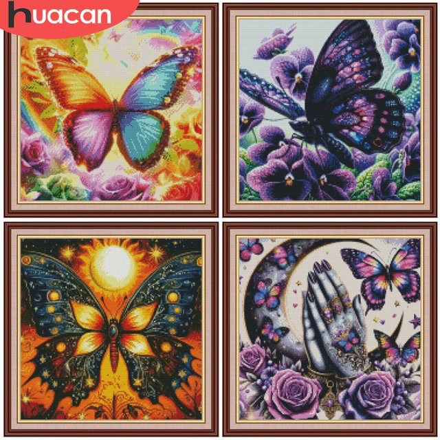 HUACAN Kreuzstich-Set Schmetterling und Rosenblüten mit vorgedrucktem Motiv, 11CT DMC Stickerei-Set, Multicolour, B/H: 30 x 30 cm - Bild 1