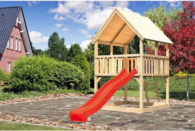 Karibu Spielturm Luis mit Satteldach und Rutsche in Rot und Braun - Bild 1