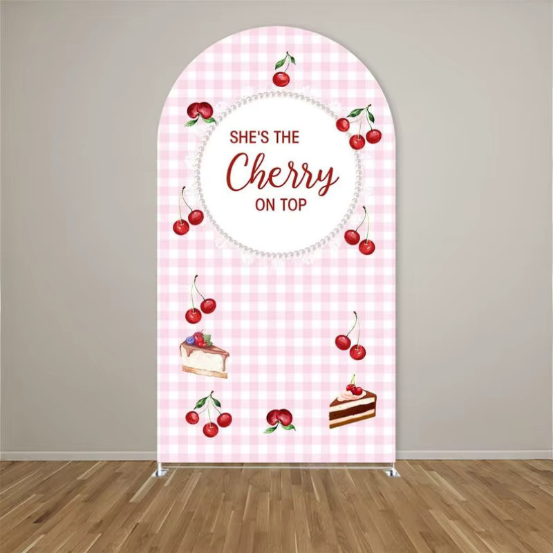 VIKAMA Party-Hintergrund She's The Cherry On Top mit Pink Gingham Muster, Kirschen und Blumen für Babyparty und Geschlechtsenthüllung, Farbe: Pink, B/H: 120 x 50 cm - Bild 2