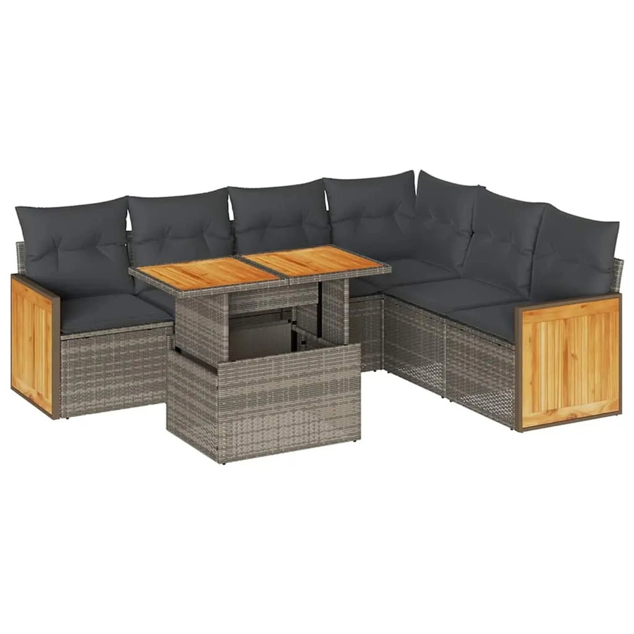 vidaXL 7-tlg Garten-Sofagarnitur in L-Form aus Polyrattan und Akazienholz mit grauen Kissen - Bild 2