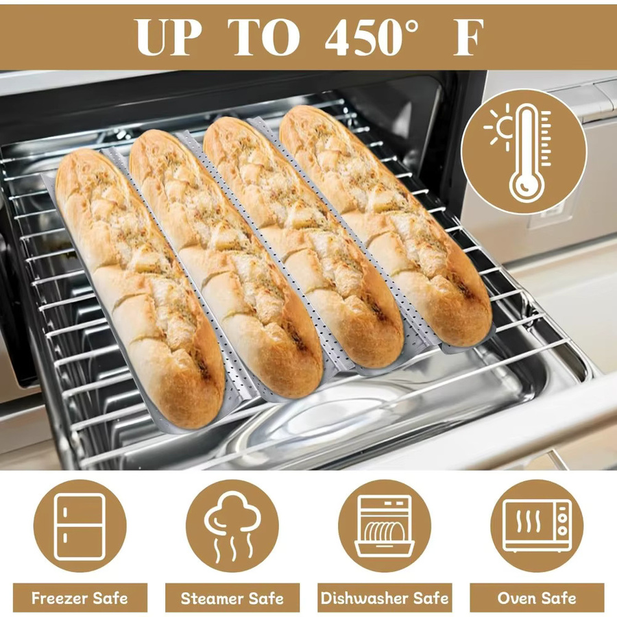 FEB.WIND Antihaftbeschichtetes Baguette-Tablett aus Aluminium für 4 Laibe, Silber - Bild 3