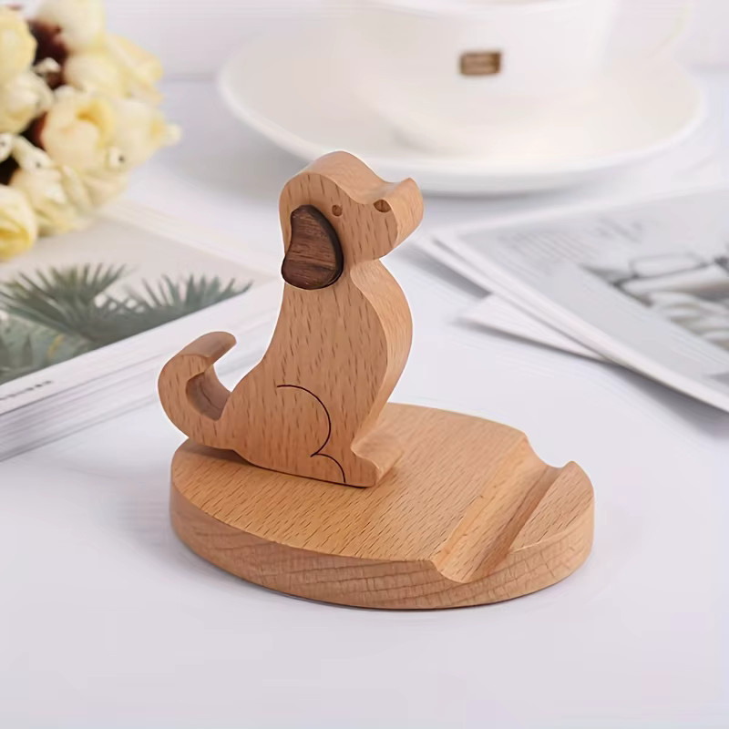DUTRIEUX Handyhalter aus Massivholz in Braun mit Cartoon Welpen Design für deinen Schreibtisch - Bild 4