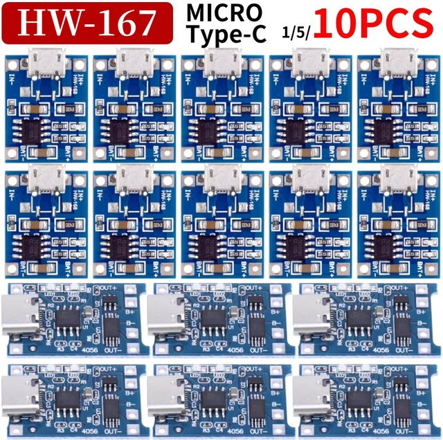Lithium-Batterie-Ladegerät-Modul TP4056 mit Schutzfunktion und USB-C sowie Micro-USB Anschluss, 1A, Blau - Bild 1