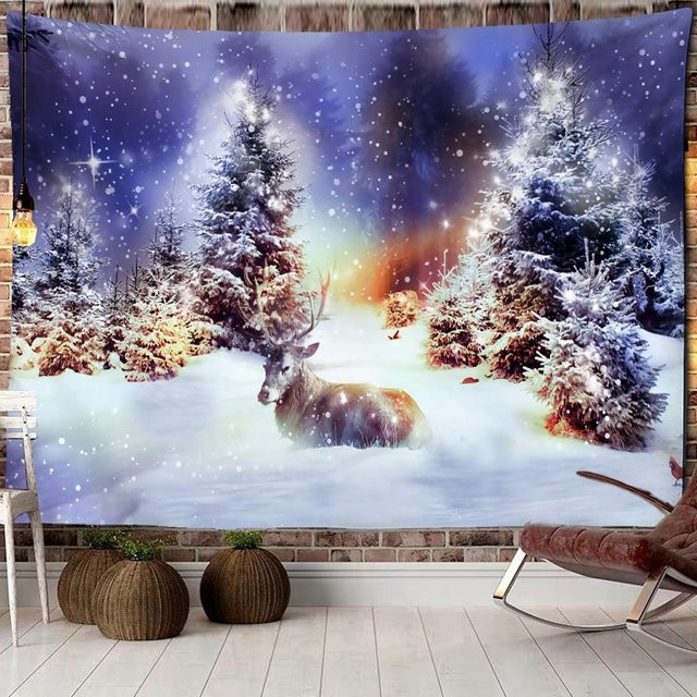 Super Six Wandteppich Weihnachten Wald Schnee Szene mit Elch im Boho-Stil, Blau, B/H: 230 x 150 cm - Bild 1