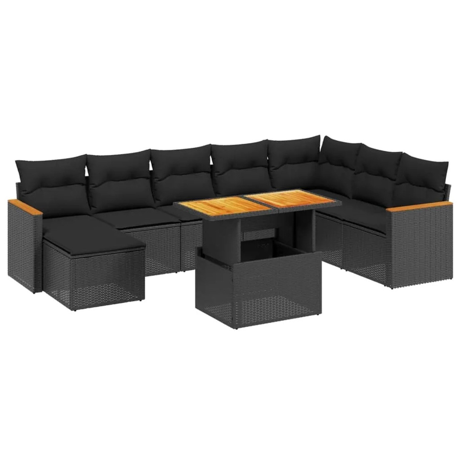 vidaXL 9-tlg Garten-Sofagarnitur in L-Form aus schwarzem Poly-Rattan mit Kissen und Akazienholz - Bild 2